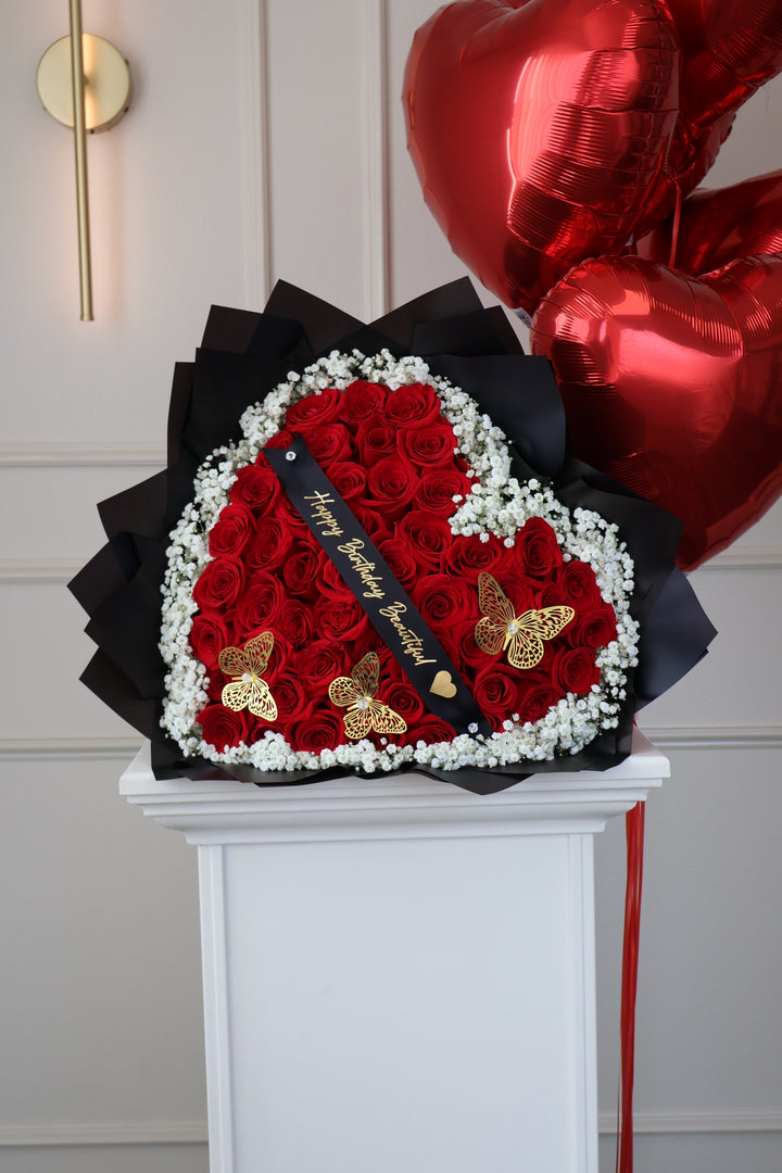 50 Red Roses Heart-Shaped Bouquet with Baby's Breath Rim & Butterflies