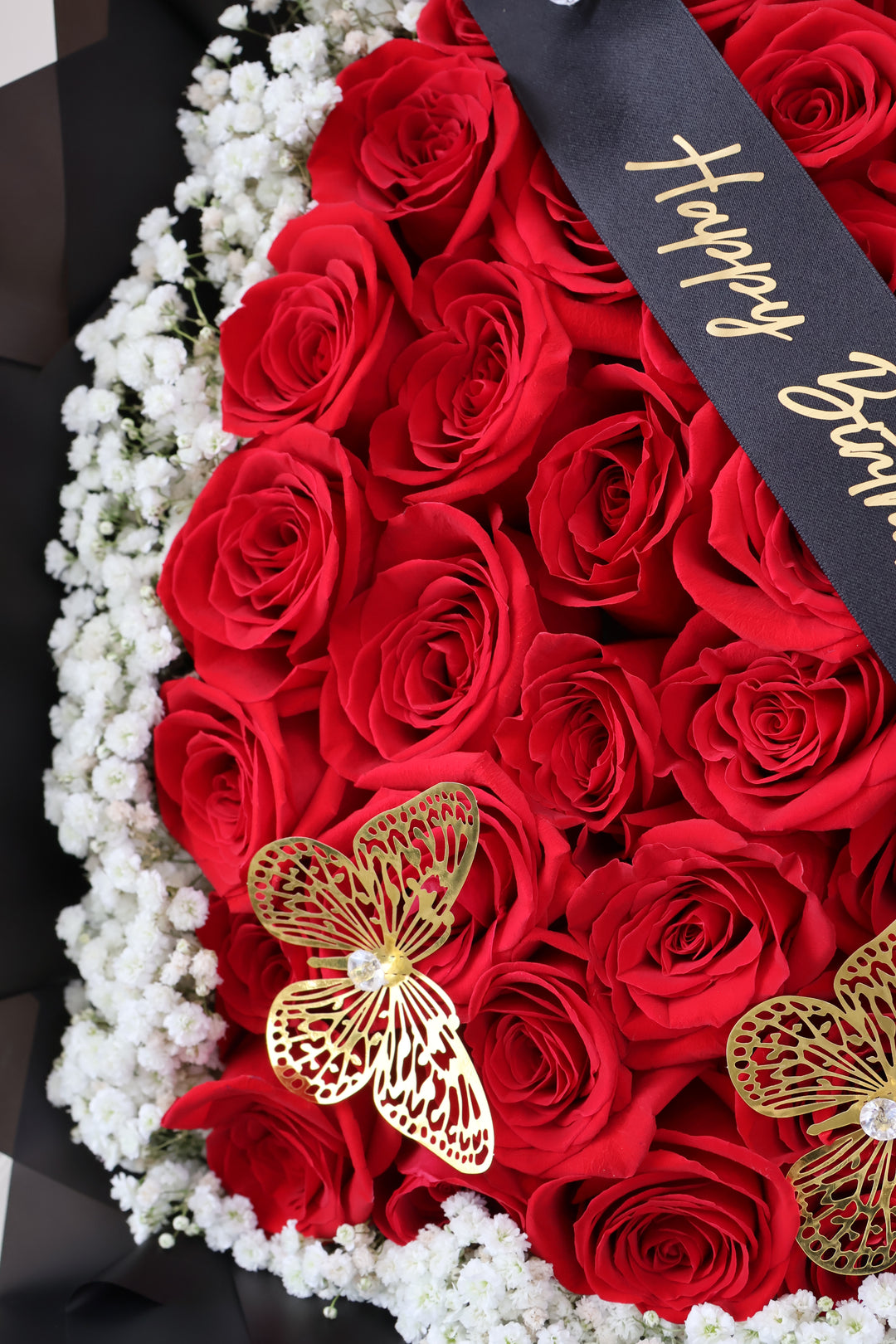 50 Red Roses Heart-Shaped Bouquet with Baby's Breath Rim & Butterflies