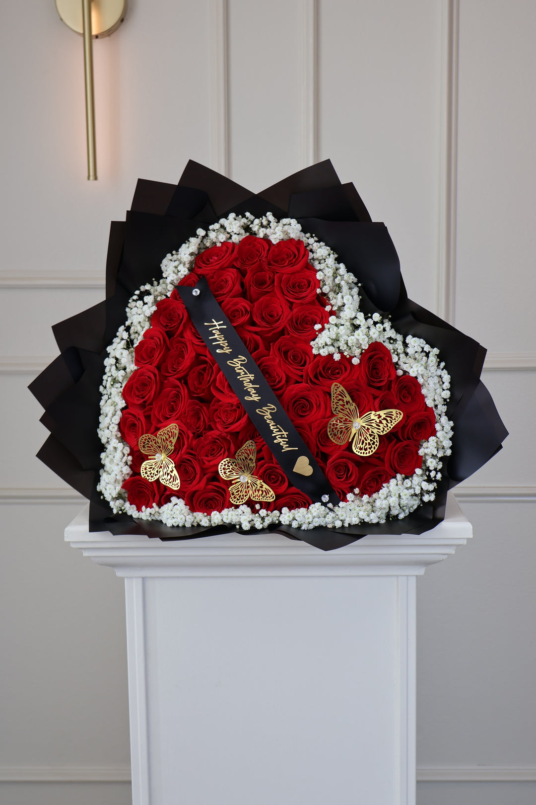 50 Red Roses Heart-Shaped Bouquet with Baby's Breath Rim & Butterflies