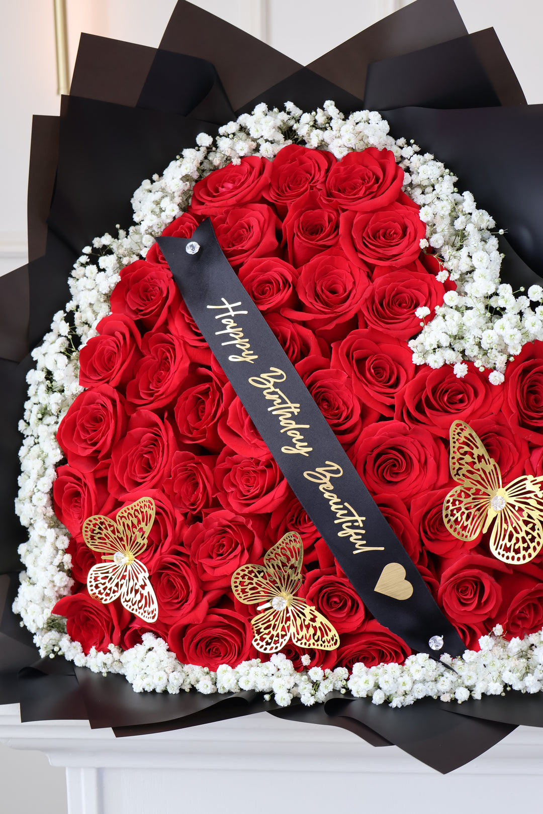 50 Red Roses Heart-Shaped Bouquet with Baby's Breath Rim & Butterflies