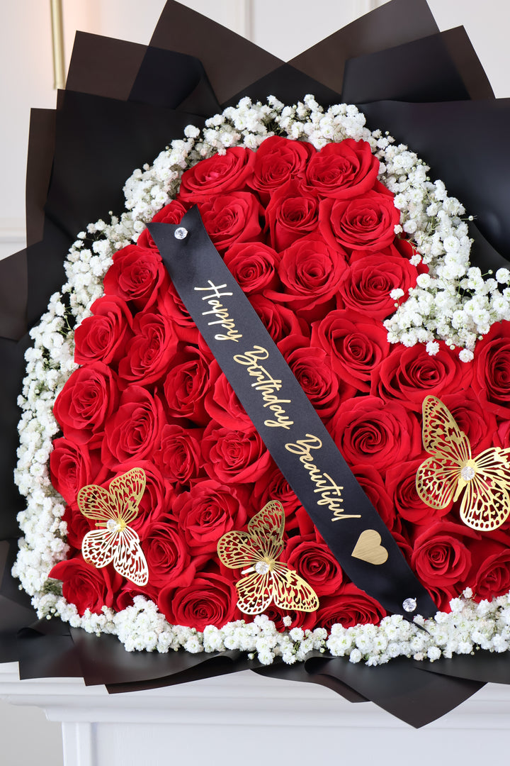 50 Red Roses Heart-Shaped Bouquet with Baby's Breath Rim & Butterflies