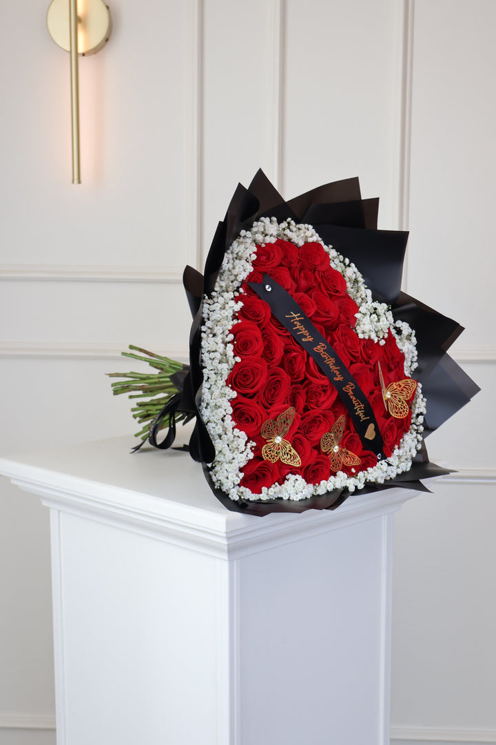 50 Red Roses Heart-Shaped Bouquet with Baby's Breath Rim & Butterflies
