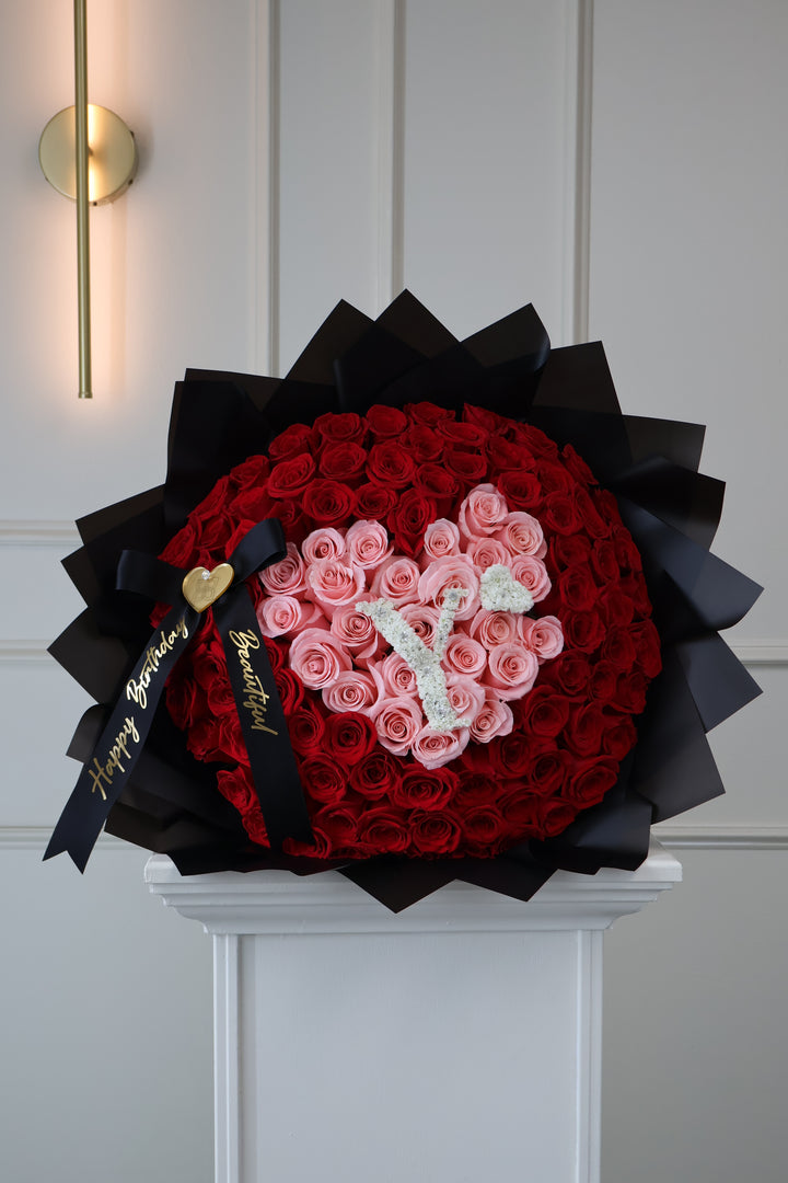 100 Red Roses Heart-Shaped Bouquet with Baby's Breath Initial & Custom Banner