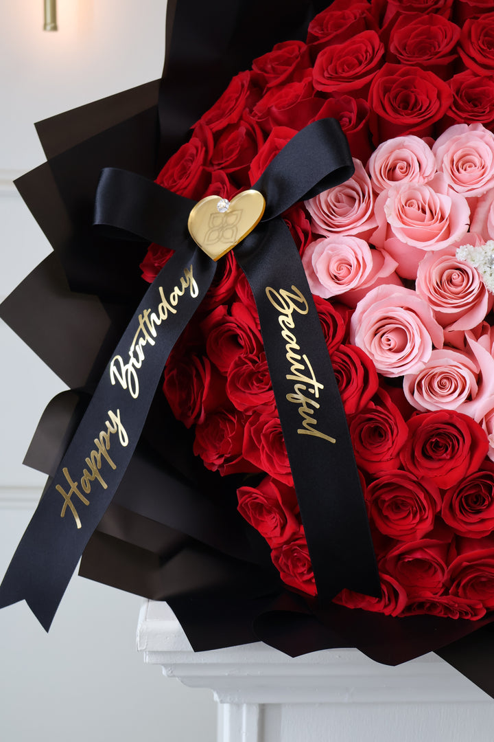 100 Red Roses Heart-Shaped Bouquet with Baby's Breath Initial & Custom Banner