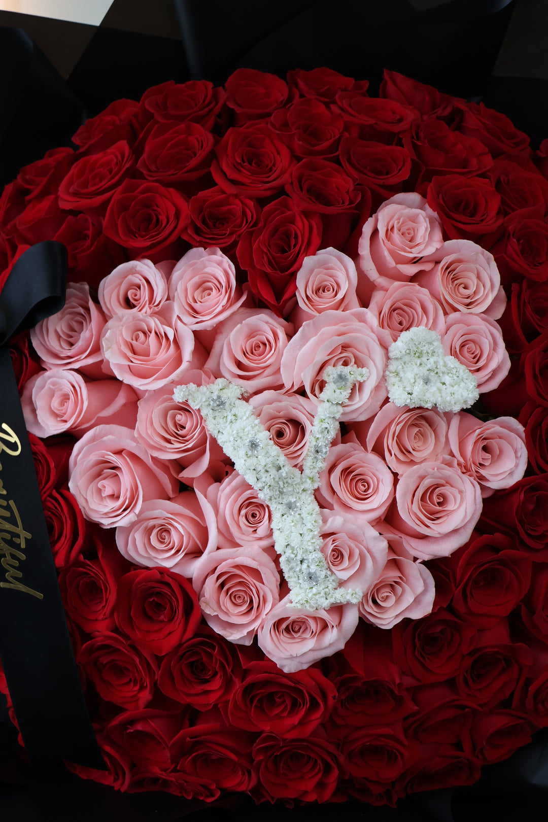 100 Red Roses Heart-Shaped Bouquet with Baby's Breath Initial & Custom Banner