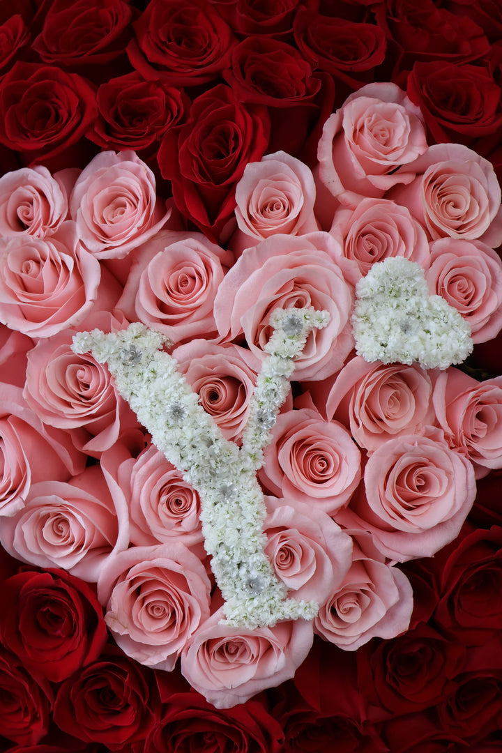 100 Red Roses Heart-Shaped Bouquet with Baby's Breath Initial & Custom Banner