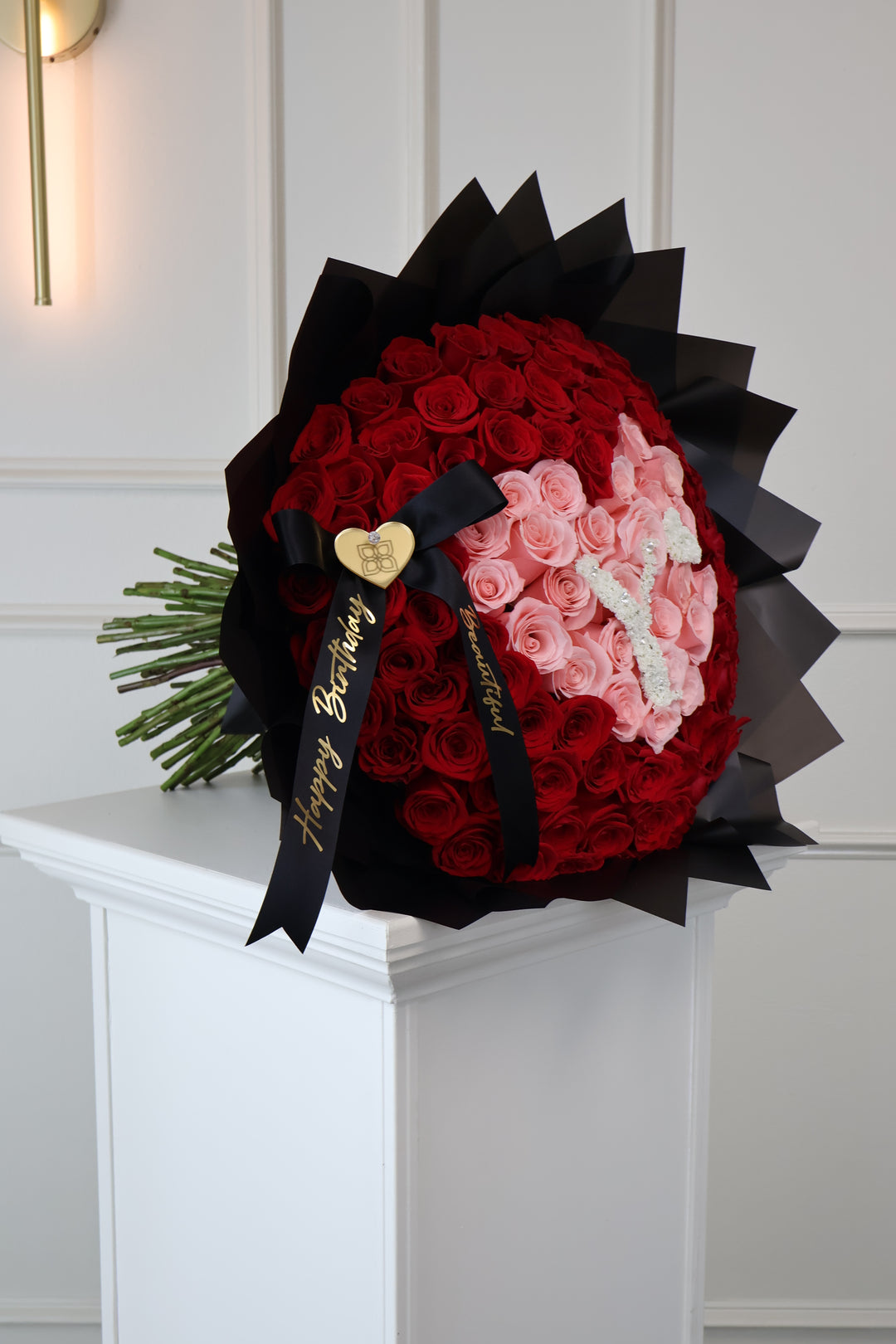 100 Red Roses Heart-Shaped Bouquet with Baby's Breath Initial & Custom Banner