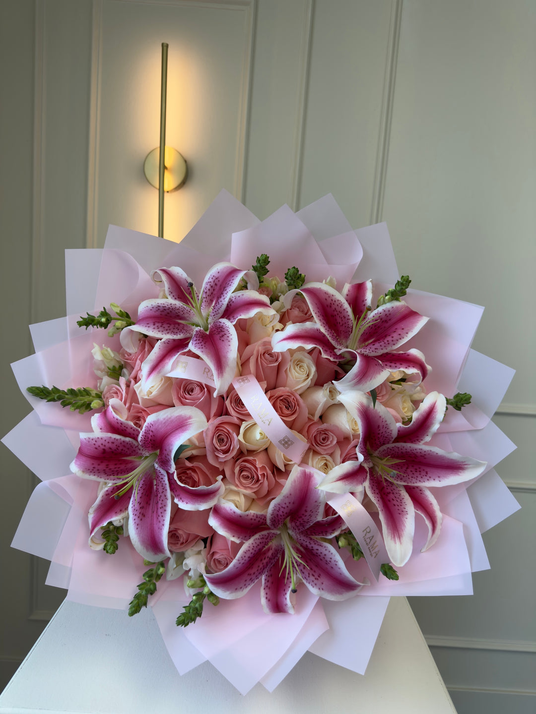 50 Pink & White Roses with Stargazer Lilies Bouquet | Rama Floral Design