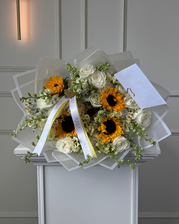 Sunflower & White Roses Bouquet with Lisianthus — White Wrapping