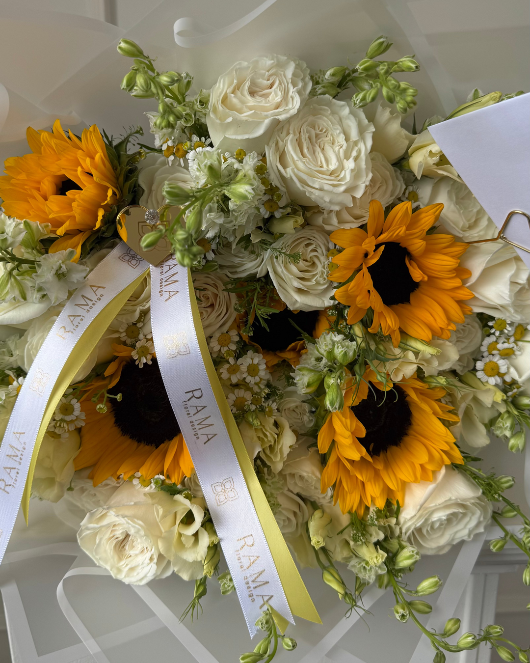 Sunflower & White Roses Bouquet with Lisianthus — White Wrapping