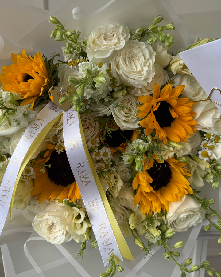 Sunflower & White Roses Bouquet with Lisianthus — White Wrapping