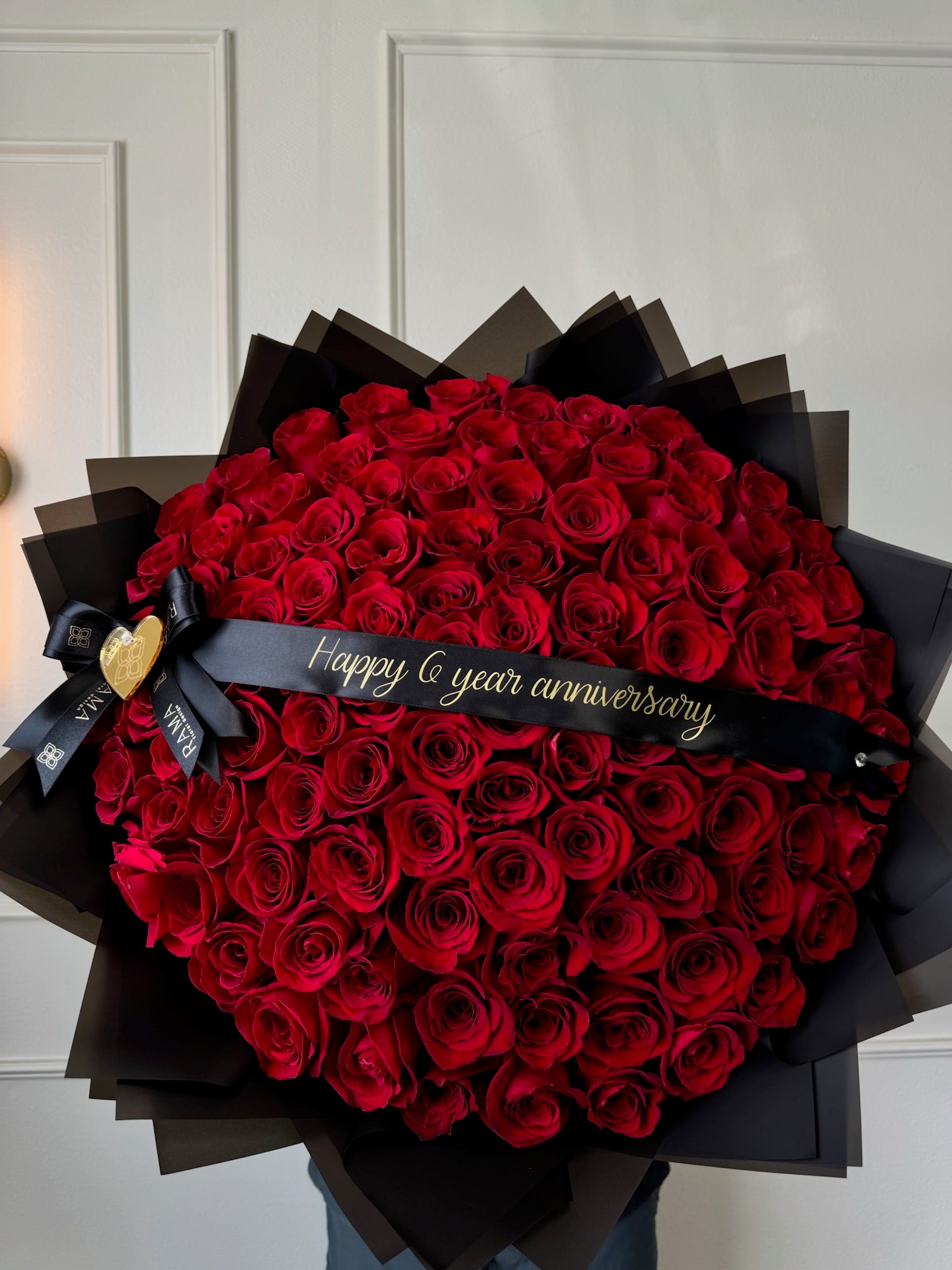 100 Red Roses Bouquet with Custom Banner – Rama Floral Design