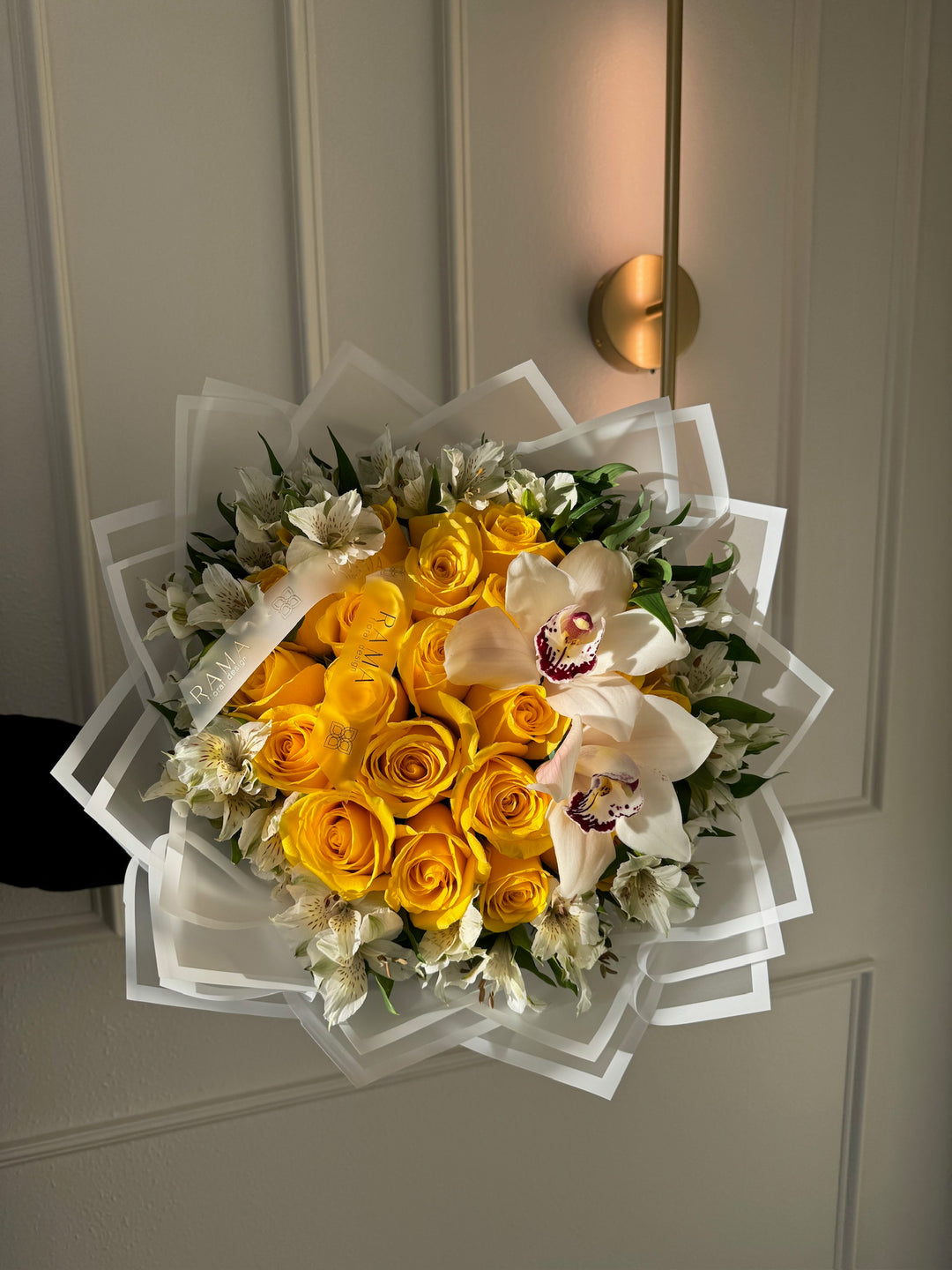 25 Yellow Roses Bouquet with Cymbidium Orchids & Alstroemeria
