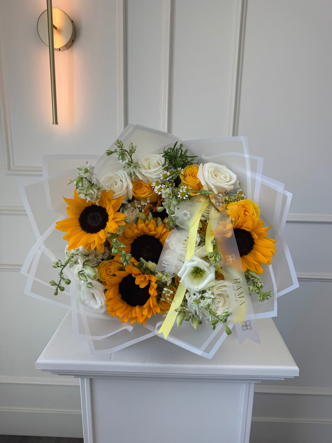 Sunflower & White Roses Bouquet with Lisianthus — White Wrapping