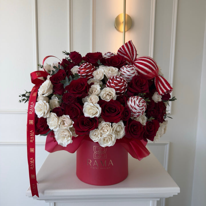 Christmas Red &amp; White Roses Box with Candy Canes &amp; Eucalyptus – Rama Box