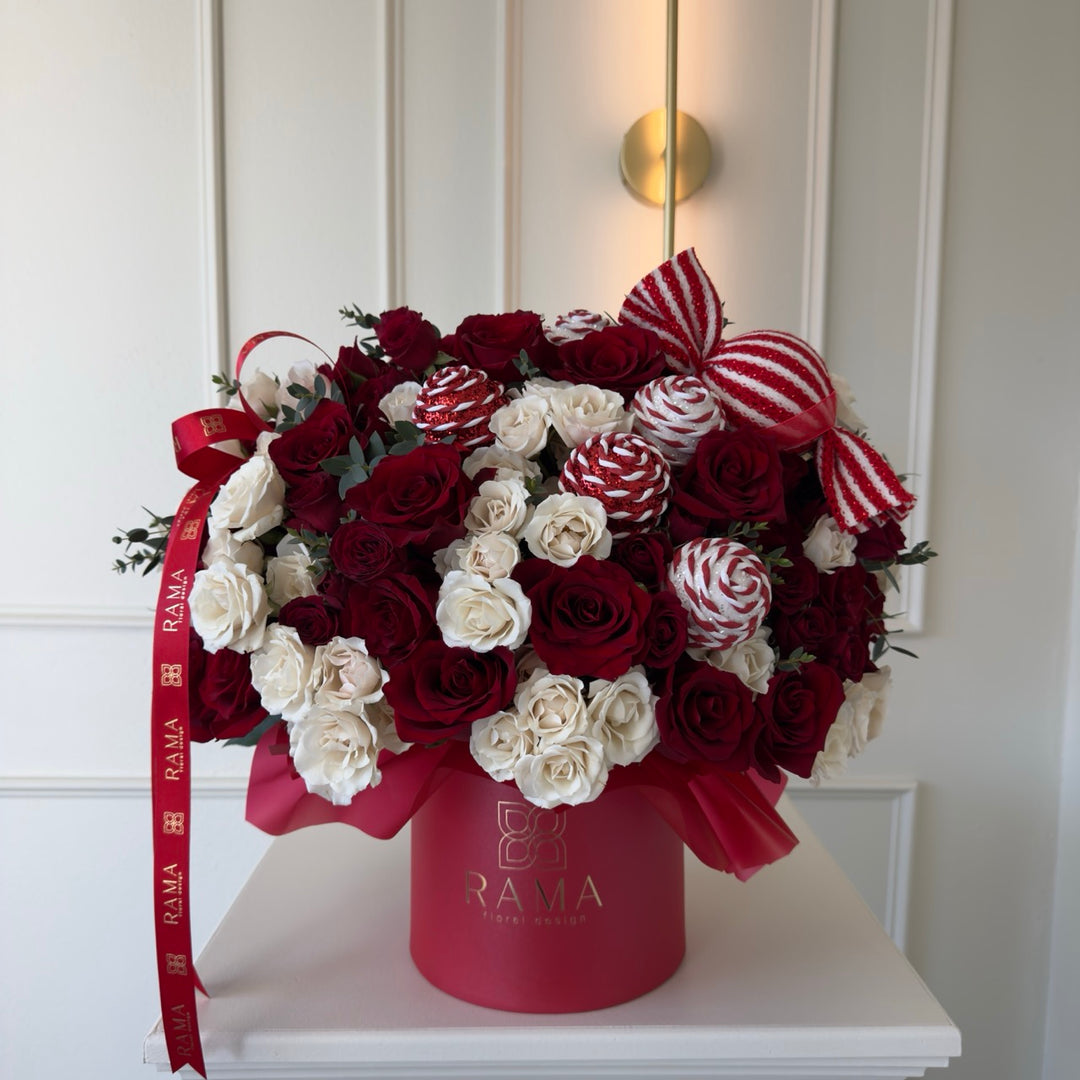 Christmas Red &amp; White Roses Box with Candy Canes &amp; Eucalyptus – Rama Box
