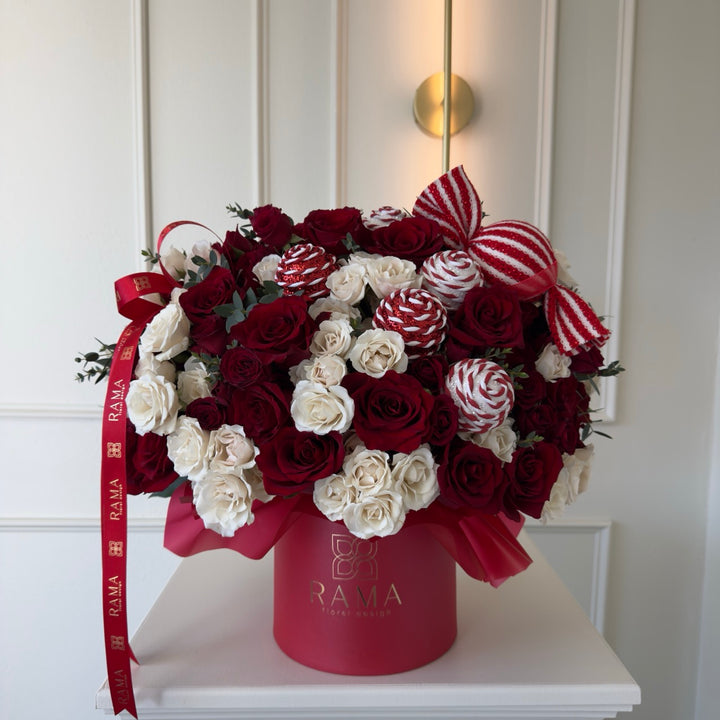 Christmas Red &amp; White Roses Box with Candy Canes &amp; Eucalyptus – Rama Box