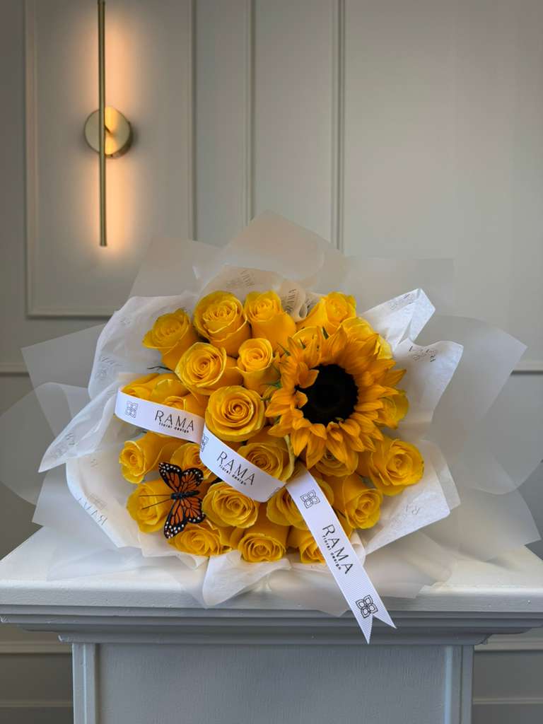 25 Yellow Roses Bouquet with Sunflower | Rama Floral Design