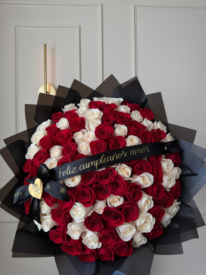 100 Red & White Roses Bouquet with Custom Banner