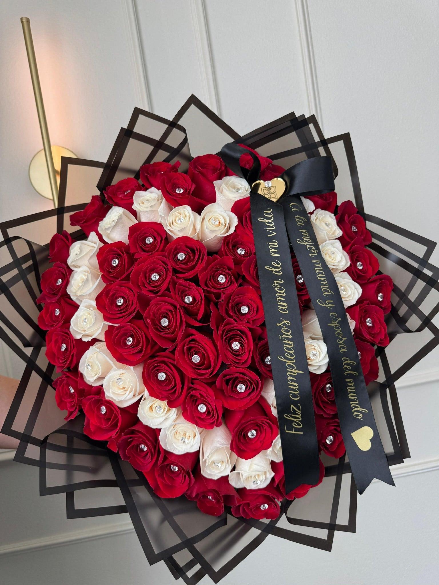 100 Red & White Roses Heart-Shaped with Rhinestones & Banner – Black ...